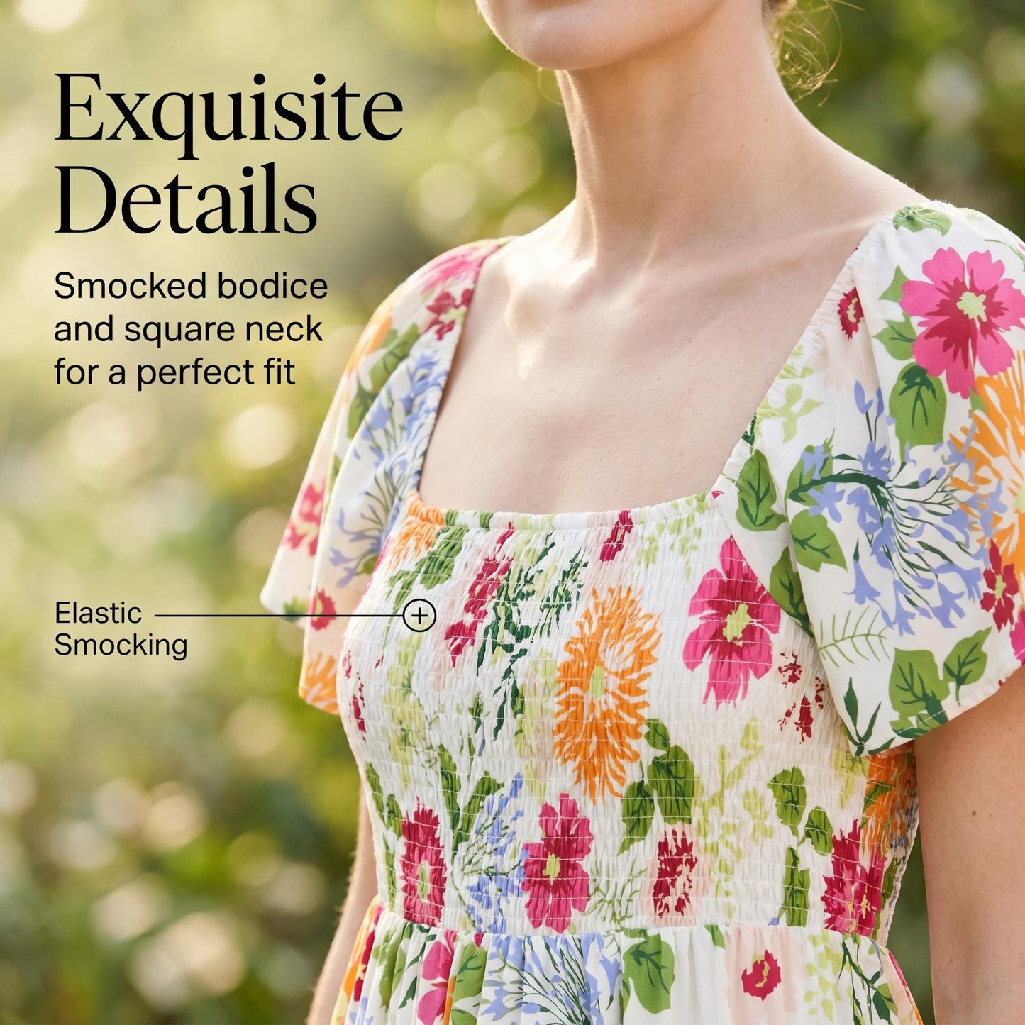 🌸👗 Virágmintás midi ruha, smockolt négyzet alakú nyakkivágással és zsebekkel
