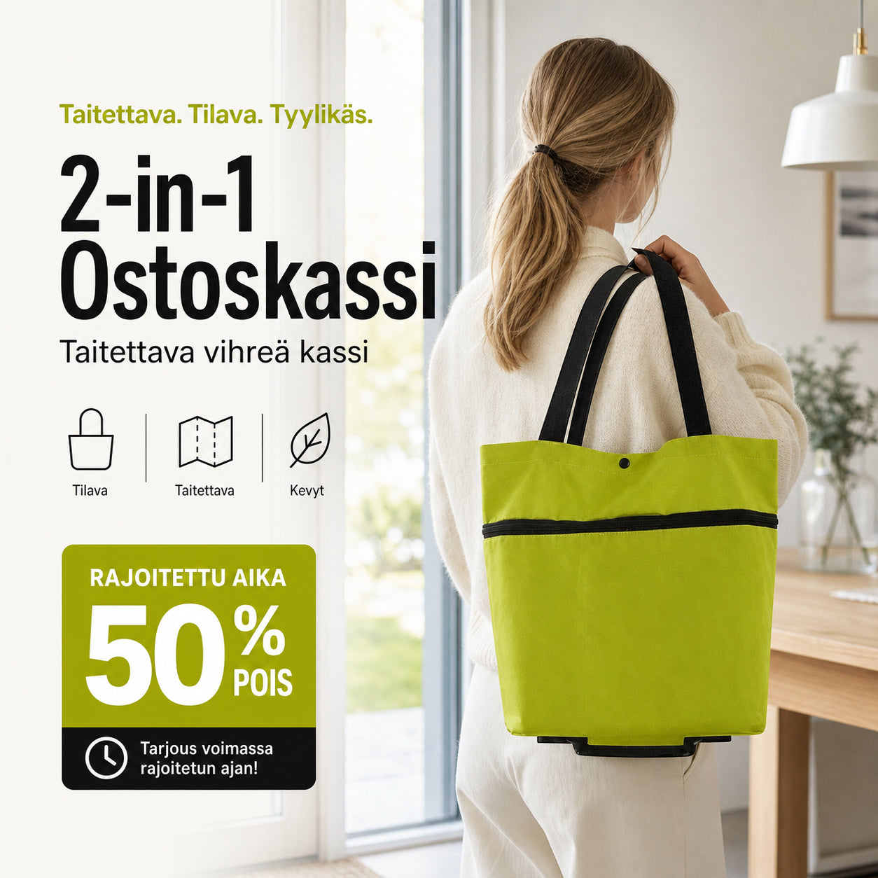 🔥50% popust🏷️🛒 Zložljiva nakupovalna vrečka 2 v 1 – 📦 23 L prostornine, 💪 600D Oxford tkanina, 🎁 praktično darilo