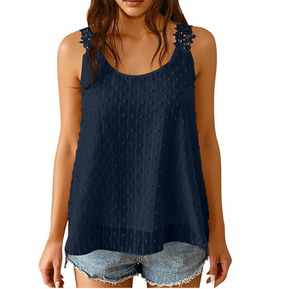 🔥 50% Kedvezmény 🏷️👚 Elegáns, pöttyös csipkés pántos ujjatlan top ✨