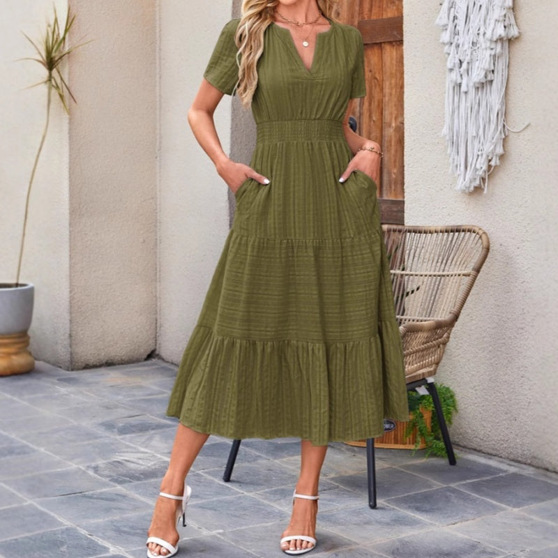 👗 Női, könnyű, rövid ujjú, V-nyakú, rugalmas derékú ruha 💃