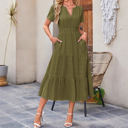 👗 Női, könnyű, rövid ujjú, V-nyakú, rugalmas derékú ruha 💃