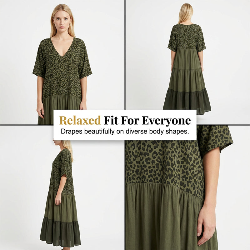 🔥50% Kedvezmény🏷️Több méretben kapható👚🌿 Elegáns, bohém stílusú hosszú női ruha – 🐆 leopárdmintás felsőrésszel, 💨 könnyű, légáteresztő anyagból