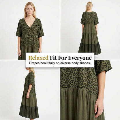 🔥50% Kedvezmény🏷️Több méretben kapható👚🌿 Elegáns, bohém stílusú hosszú női ruha – 🐆 leopárdmintás felsőrésszel, 💨 könnyű, légáteresztő anyagból