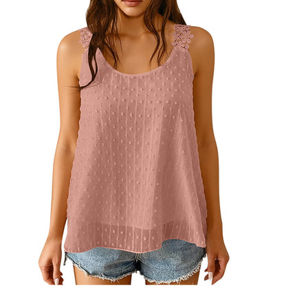 🔥 50% Kedvezmény 🏷️👚 Elegáns, pöttyös csipkés pántos ujjatlan top ✨