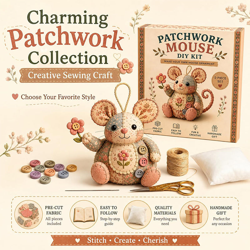 🔥50% Kedvezmény🏷️🐭 Bájos patchwork egér DIY varrókészlet – kezdőknek is! 🧵 3D-s kialakítás, minden anyaggal egy dobozban