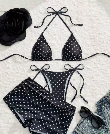🔥50% Kedvezmény🏷️👙 Retro pöttyös bikini szett, 🎀 oldalt kötős alsóval, 🌊 háromrészes kivitelben – strandra és medencéhez