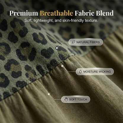 🔥50% Kedvezmény🏷️Több méretben kapható👚🌿 Elegáns, bohém stílusú hosszú női ruha – 🐆 leopárdmintás felsőrésszel, 💨 könnyű, légáteresztő anyagból