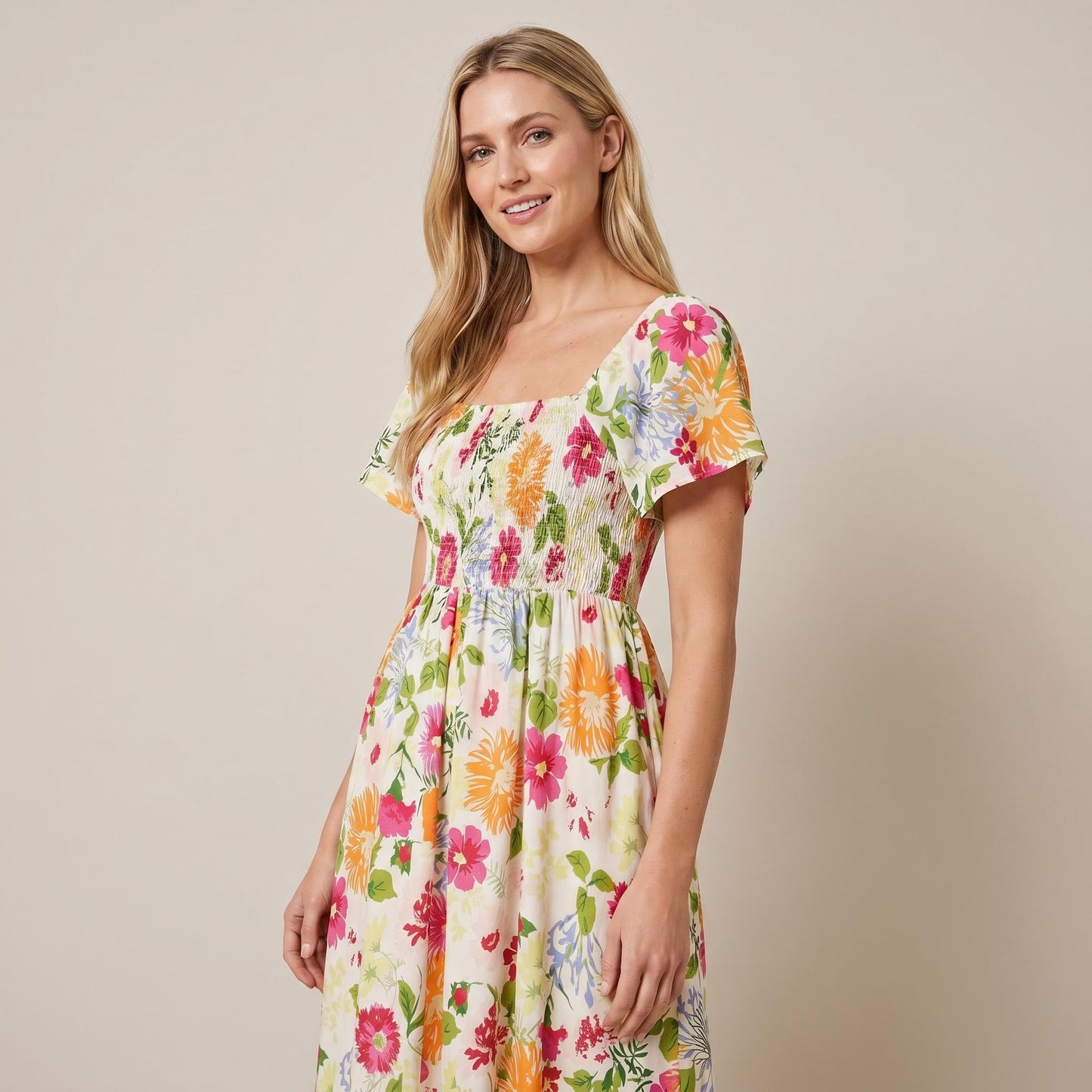 🌸👗 Virágmintás midi ruha, smockolt négyzet alakú nyakkivágással és zsebekkel