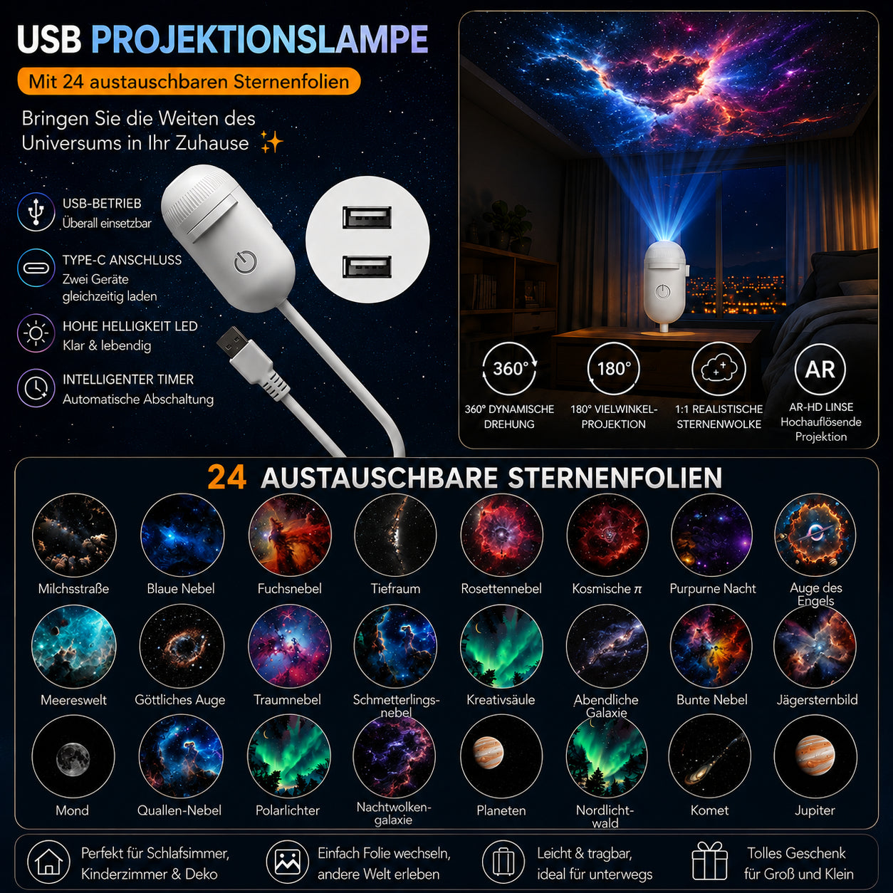 🔥50% Kedvezmény🏷️🌌 2 az 1-ben csillagos égbolt-vetítő és éjszakai lámpa, 🌙 cserélhető fóliákkal, 💫 USB-ről működik – varázslatos hangulatot teremt