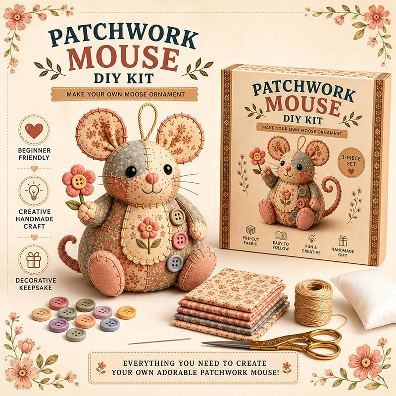 🔥50% Kedvezmény🏷️🐭 Bájos patchwork egér DIY varrókészlet – kezdőknek is! 🧵 3D-s kialakítás, minden anyaggal egy dobozban