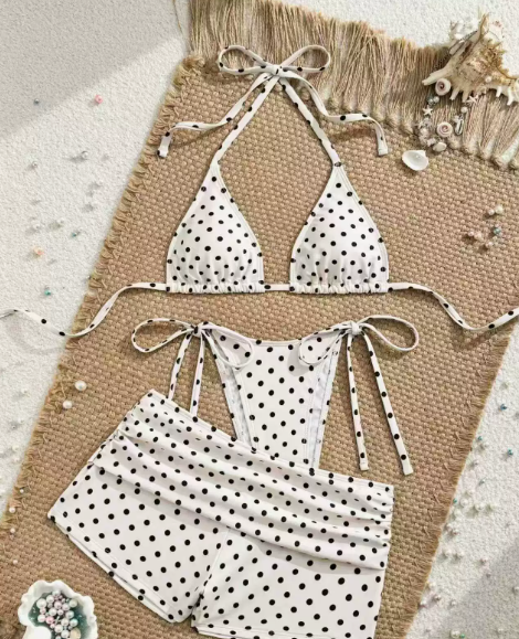 🔥50% Kedvezmény🏷️👙 Retro pöttyös bikini szett, 🎀 oldalt kötős alsóval, 🌊 háromrészes kivitelben – strandra és medencéhez