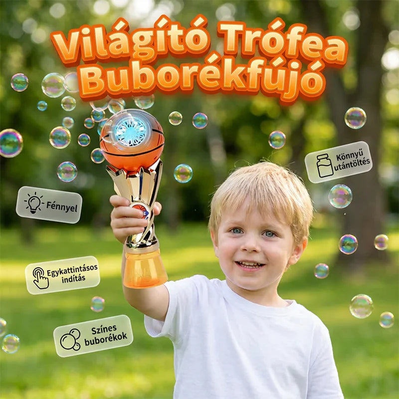 🔥50% Kedvezmény🏷️🏆 Villogó LED-es buborékfúvó, 🏀 sporttrófea formában, 🎉 folyadékkal együtt – azonnali parti hangulat