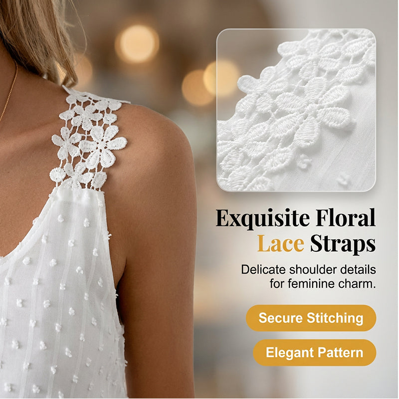 🔥 50% Kedvezmény 🏷️👚 Elegáns, pöttyös csipkés pántos ujjatlan top ✨