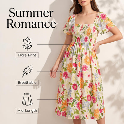 🌸👗 Virágmintás midi ruha, smockolt négyzet alakú nyakkivágással és zsebekkel