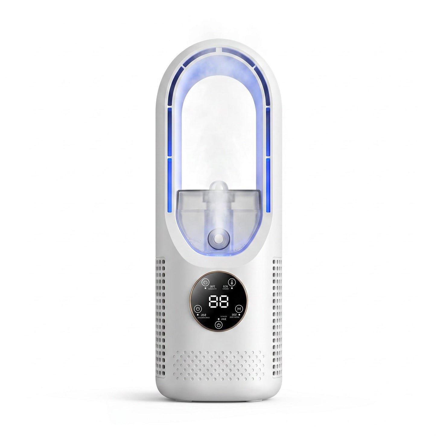 🔥50% Kedvezmény🏷️🌬️ Ice Mist hordozható toronyventilátor – pengék nélküli, 720°-os légáramlás, 💧 hűtő ködös párásítással, 7 színű hangulatvilágítással