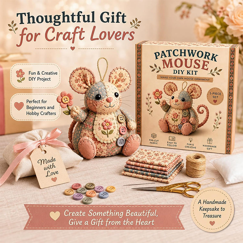 🔥50% Kedvezmény🏷️🐭 Bájos patchwork egér DIY varrókészlet – kezdőknek is! 🧵 3D-s kialakítás, minden anyaggal egy dobozban