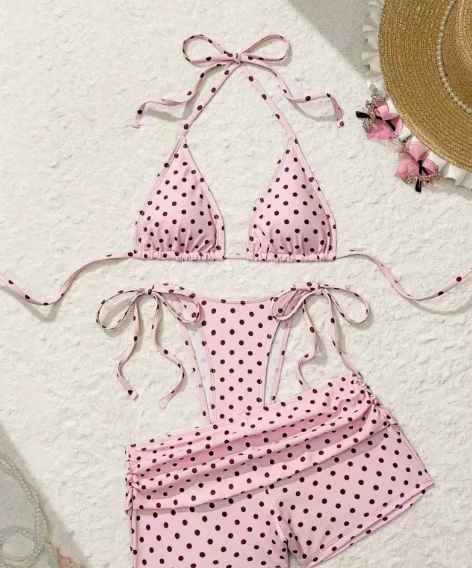 🔥50% Kedvezmény🏷️👙 Retro pöttyös bikini szett, 🎀 oldalt kötős alsóval, 🌊 háromrészes kivitelben – strandra és medencéhez