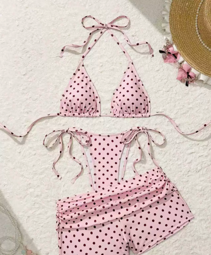 🔥50% Kedvezmény🏷️👙 Retro pöttyös bikini szett, 🎀 oldalt kötős alsóval, 🌊 háromrészes kivitelben – strandra és medencéhez