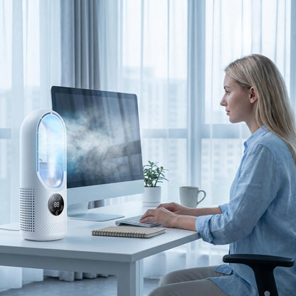 🔥50% Kedvezmény🏷️🌬️ Ice Mist hordozható toronyventilátor – pengék nélküli, 720°-os légáramlás, 💧 hűtő ködös párásítással, 7 színű hangulatvilágítással