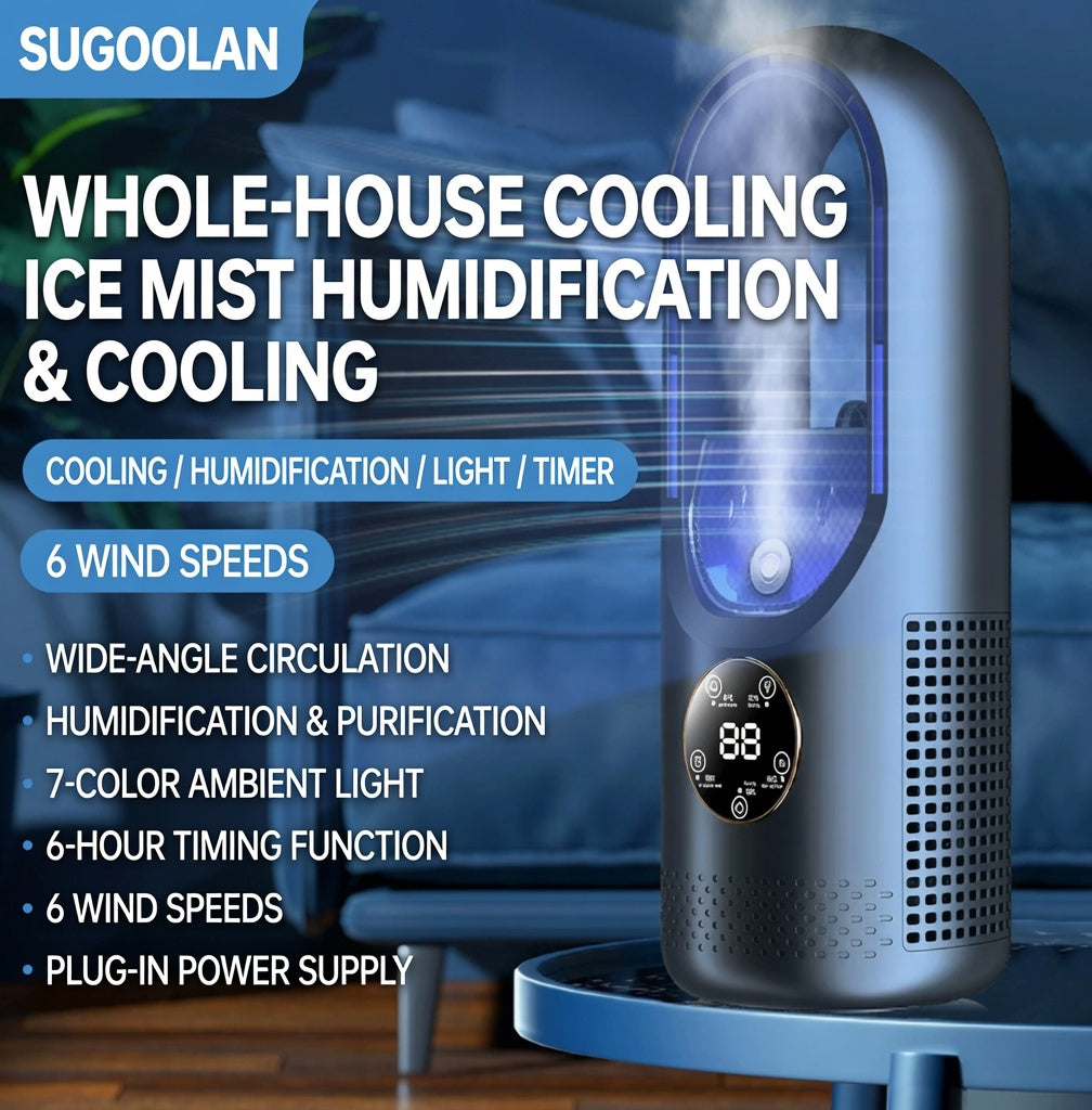 🔥50% Kedvezmény🏷️🌬️ Ice Mist hordozható toronyventilátor – pengék nélküli, 720°-os légáramlás, 💧 hűtő ködös párásítással, 7 színű hangulatvilágítással