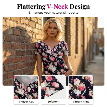 🔥50% kedvezmény👚 Női, lebegő szabású, virágmintás, gombos póló 🌸