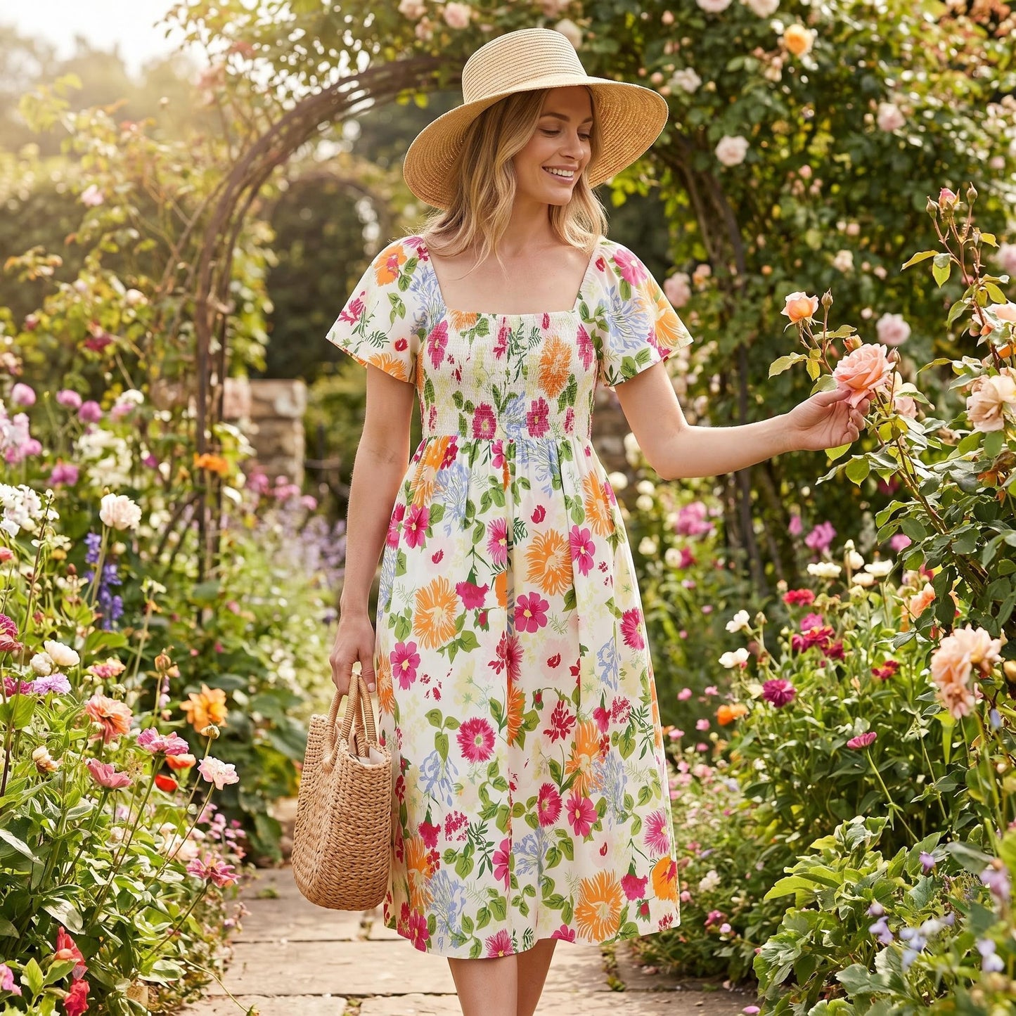 🌸👗 Virágmintás midi ruha, smockolt négyzet alakú nyakkivágással és zsebekkel
