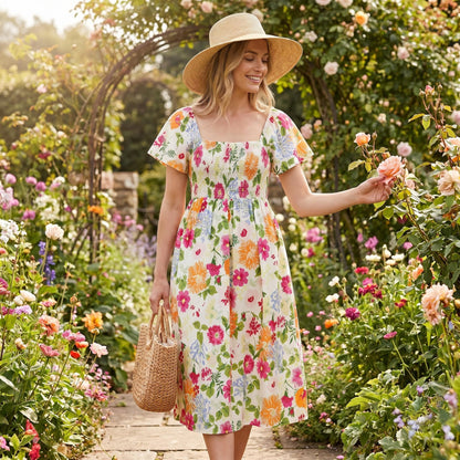 🌸👗 Virágmintás midi ruha, smockolt négyzet alakú nyakkivágással és zsebekkel