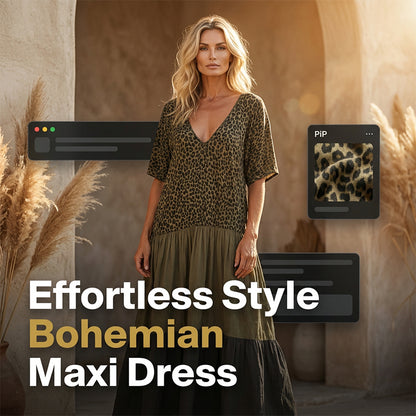 🔥50% Kedvezmény🏷️Több méretben kapható👚🌿 Elegáns, bohém stílusú hosszú női ruha – 🐆 leopárdmintás felsőrésszel, 💨 könnyű, légáteresztő anyagból