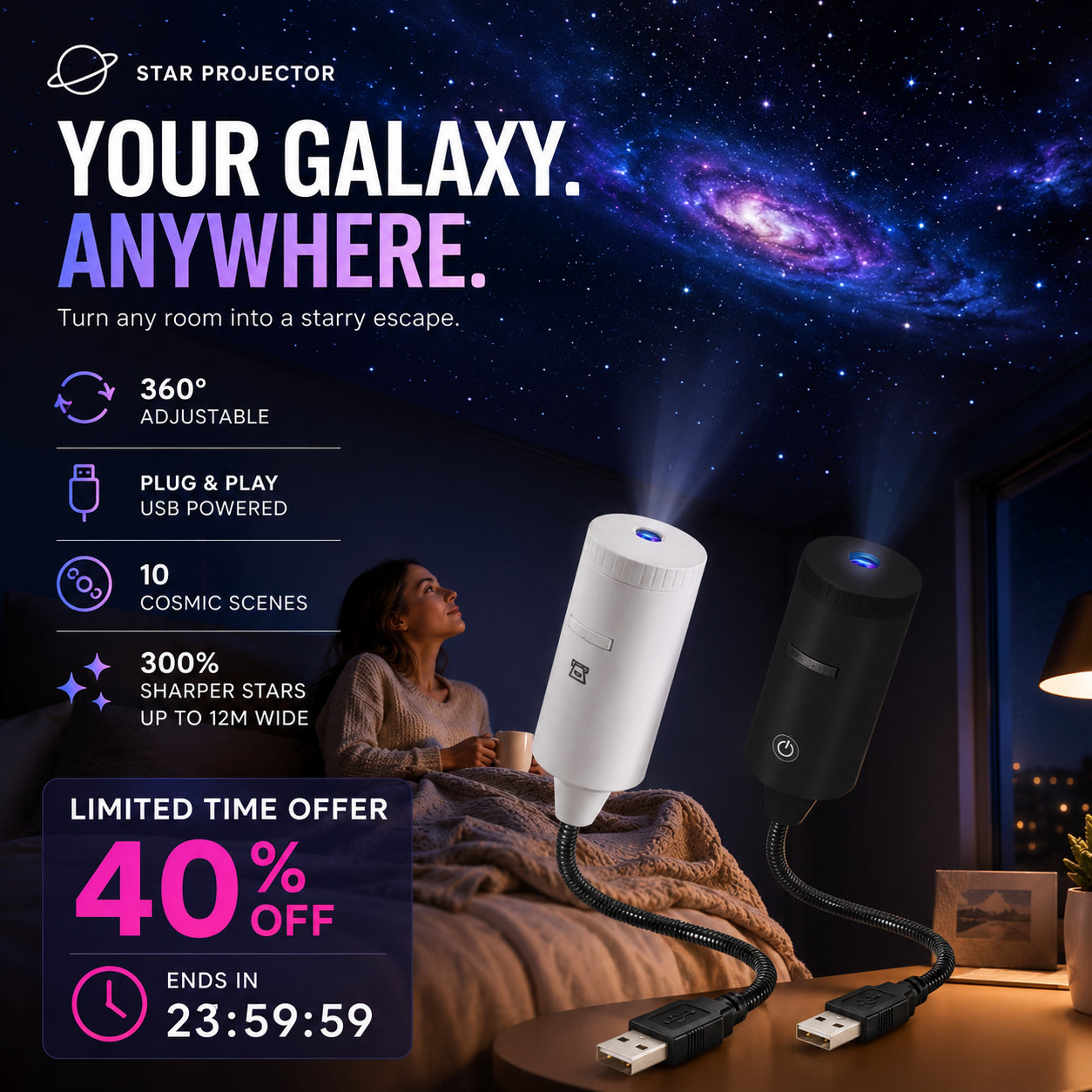 🔌 Plug-and-Play HD csillagvetítő 🌟