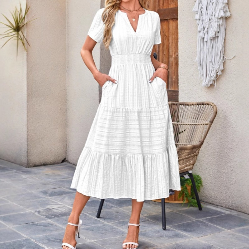 👗 Női, könnyű, rövid ujjú, V-nyakú, rugalmas derékú ruha 💃