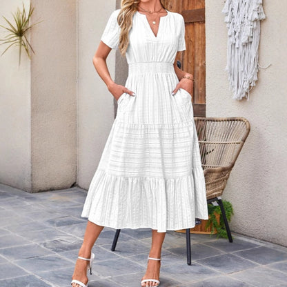 👗 Női, könnyű, rövid ujjú, V-nyakú, rugalmas derékú ruha 💃