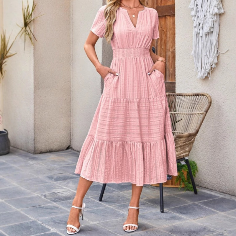 👗 Női, könnyű, rövid ujjú, V-nyakú, rugalmas derékú ruha 💃