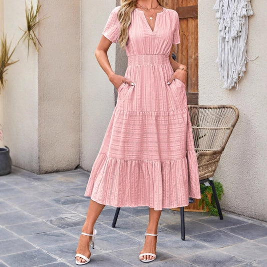 👗 Női, könnyű, rövid ujjú, V-nyakú, rugalmas derékú ruha 💃
