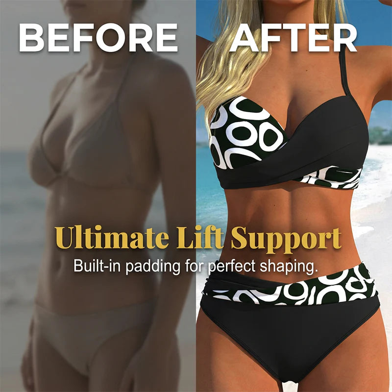 🔥50% Kedvezmény🏷️👙 Kétrészes, push-up hatású bikini szett – 🌊 elegáns wrap kialakítás, 🏖️ prémium rugalmas anyag