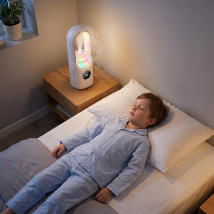 🔥50% Kedvezmény🏷️🌬️ Ice Mist hordozható toronyventilátor – pengék nélküli, 720°-os légáramlás, 💧 hűtő ködös párásítással, 7 színű hangulatvilágítással