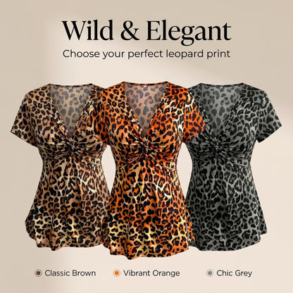 🐆 Női, V-nyakú, elöl csavart, leopárdmintás felső 👚