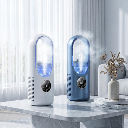 🔥50% Kedvezmény🏷️🌬️ Ice Mist hordozható toronyventilátor – pengék nélküli, 720°-os légáramlás, 💧 hűtő ködös párásítással, 7 színű hangulatvilágítással
