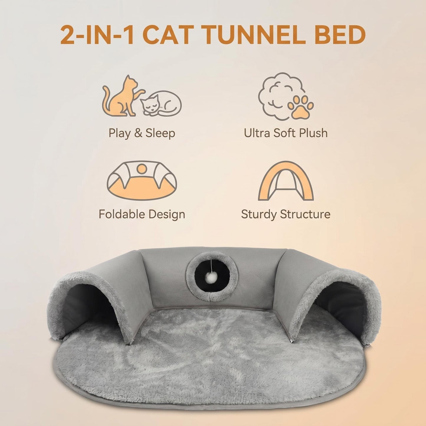 🐱 2 az 1-ben plüss macskaágy alagúttal 🛏️