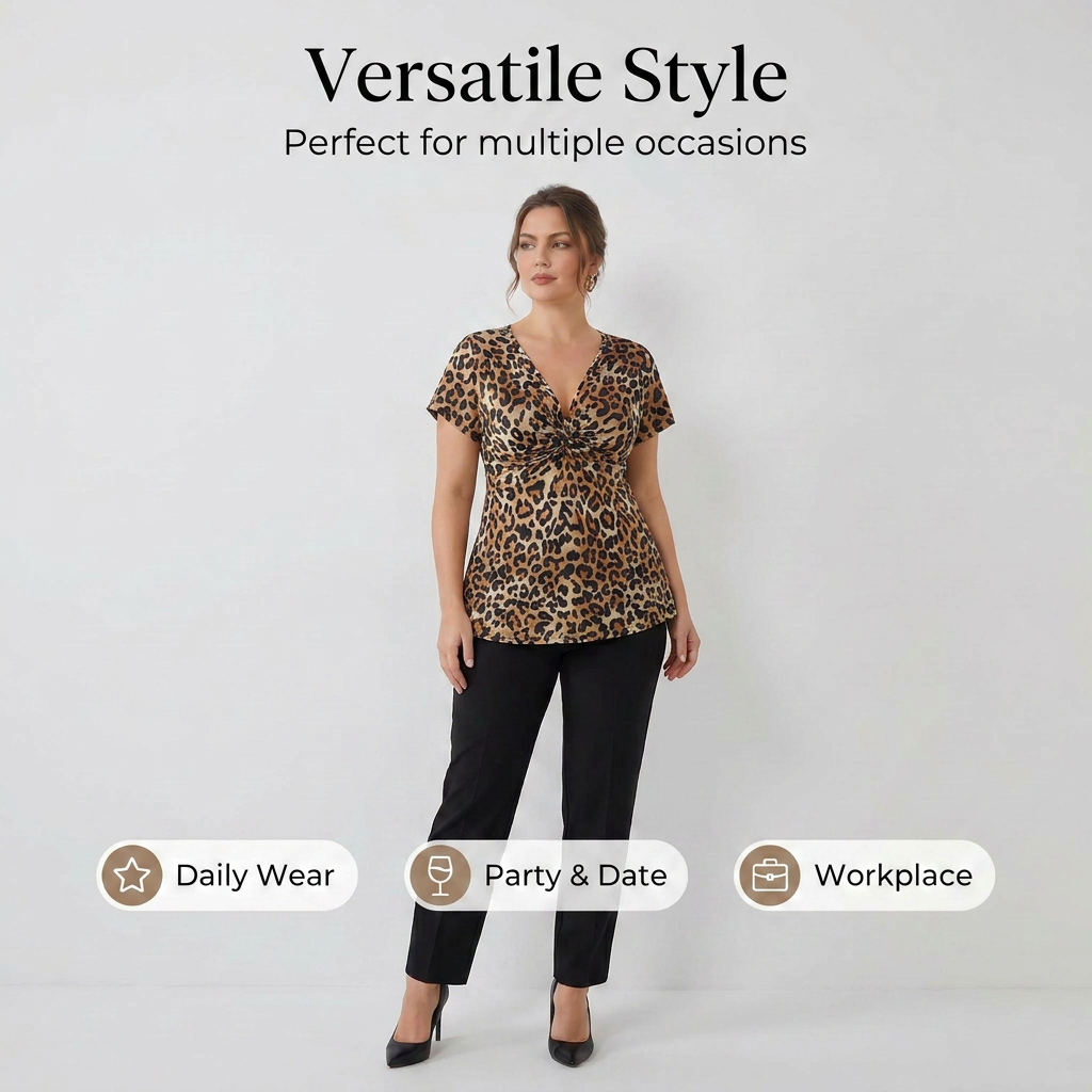 🐆 Női, V-nyakú, elöl csavart, leopárdmintás felső 👚