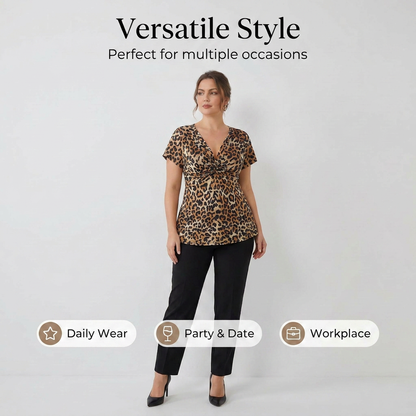 🐆 Női, V-nyakú, elöl csavart, leopárdmintás felső 👚