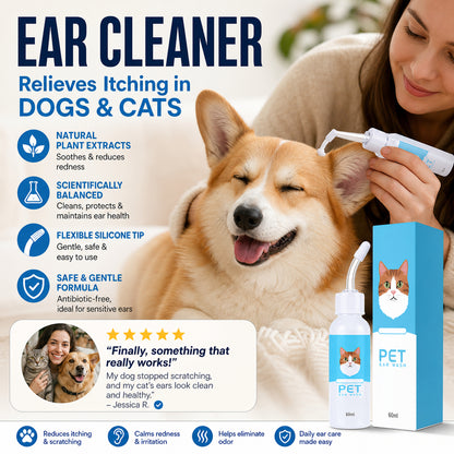 🔥50% Kedvezmény🏷️🐕🐱 Védd meg a szőrös barátod fülét! Kisállat fültisztító folyadék – 🌿növényi kivonatok, 🧪tudományos formula, 👂ergonómikus szilikoncsúcs