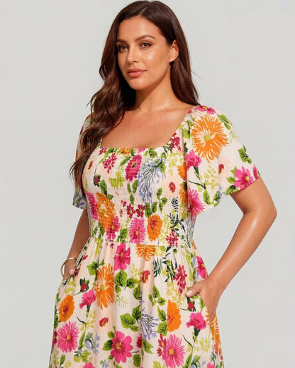 🌸👗 Virágmintás midi ruha, smockolt négyzet alakú nyakkivágással és zsebekkel