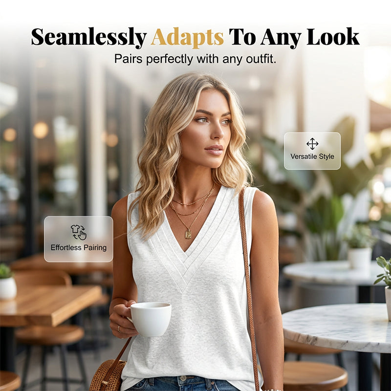 🔥50% Kedvezmény🏷️👗 Női ujjatlan, ✨ V-nyakú, redőzött póló több színben – pamutkeverék, 🌬️ lélegző anyag, laza szabás, ideális nyárra