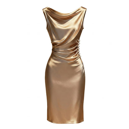 🔥 50% Kedvezmény 🏷️ Több méretben kapható 👗✨ Pezsgő arany szatén gyöngy alakú ruha