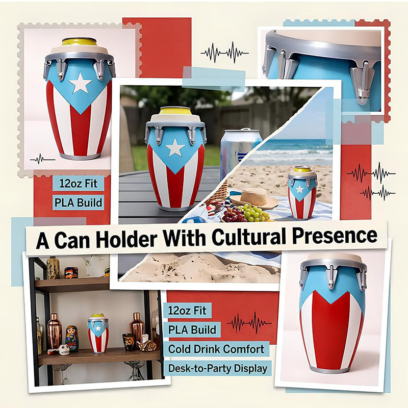🔥50% Kedvezmény🏷️🥁 „Cultural Heritage Conga Can” szigetelő és tartó – 🎵 egyedi dob dizájn, 🌿 tartós PLA anyag, tökéletes 12 oz-os dobozokhoz