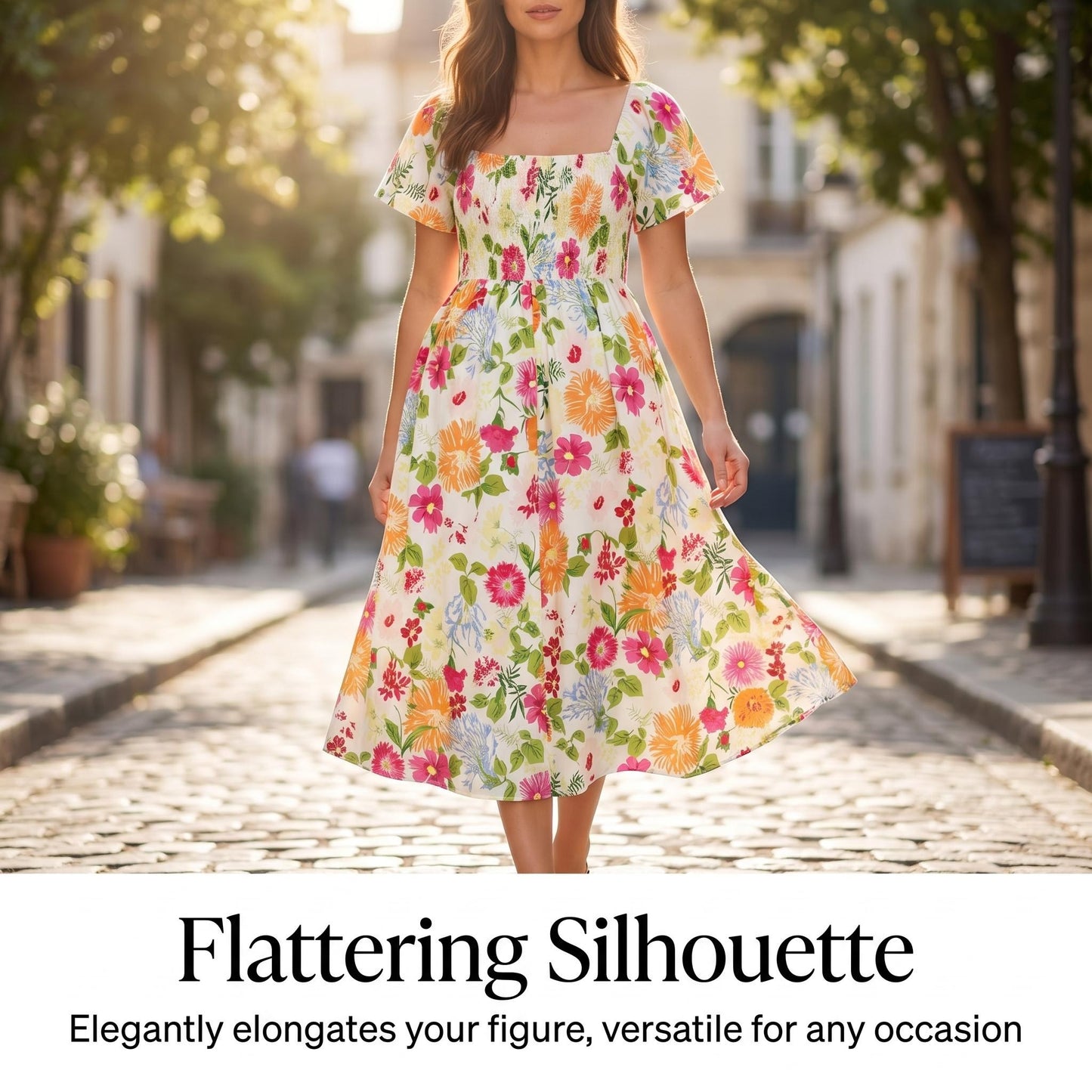 🌸👗 Virágmintás midi ruha, smockolt négyzet alakú nyakkivágással és zsebekkel