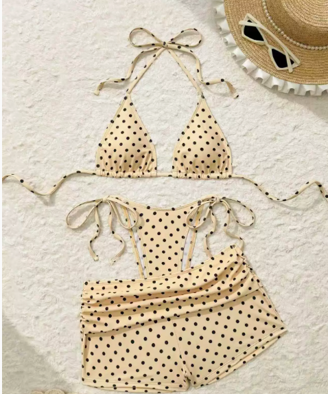 🔥50% Kedvezmény🏷️👙 Retro pöttyös bikini szett, 🎀 oldalt kötős alsóval, 🌊 háromrészes kivitelben – strandra és medencéhez