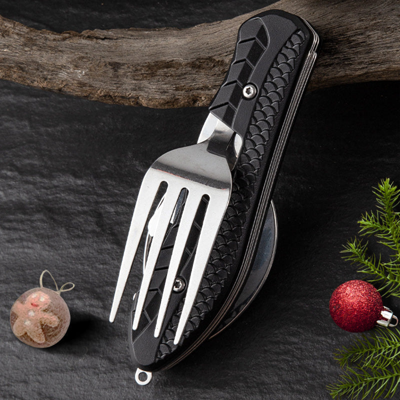 🔥Vásárolj egyet, kapsz egyet ingyen🎁🔪 4 az 1-ben összecsukható evőeszközkészlet, 🍴 rozsdamentes acél, 🏕️ kempinghez és túrázáshoz – kanál + villa + kés + sörnyitó
