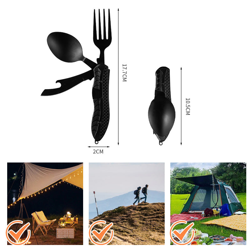 🔥Vásárolj egyet, kapsz egyet ingyen🎁🔪 4 az 1-ben összecsukható evőeszközkészlet, 🍴 rozsdamentes acél, 🏕️ kempinghez és túrázáshoz – kanál + villa + kés + sörnyitó