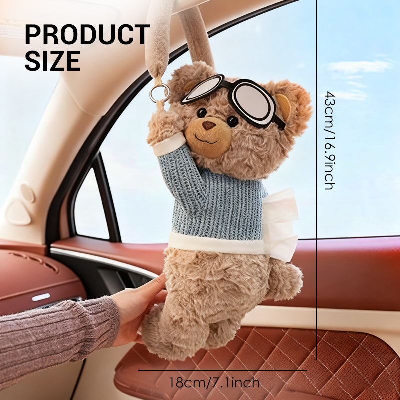 🔥50% Kedvezmény🏷️🐻🚗 Vidámság minden utazáshoz! Plüss macis autós zsebkendőtartó – 😊mosolyt csal az arcodra, 👐egykezes nyitás, 🎀bárhova felakasztható